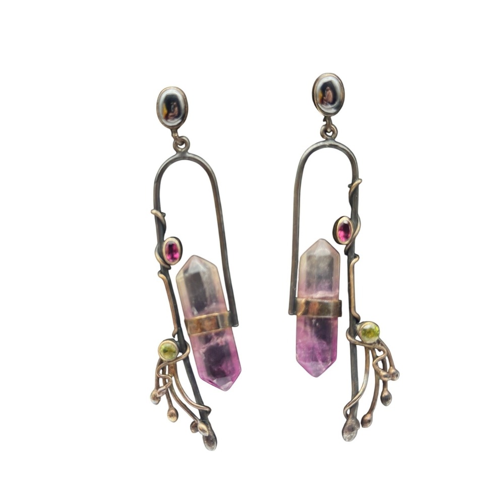 vtg 80s Michou  Amethyst Crystal Drop Earrings 925 Sterling Silver‎ Modernist
